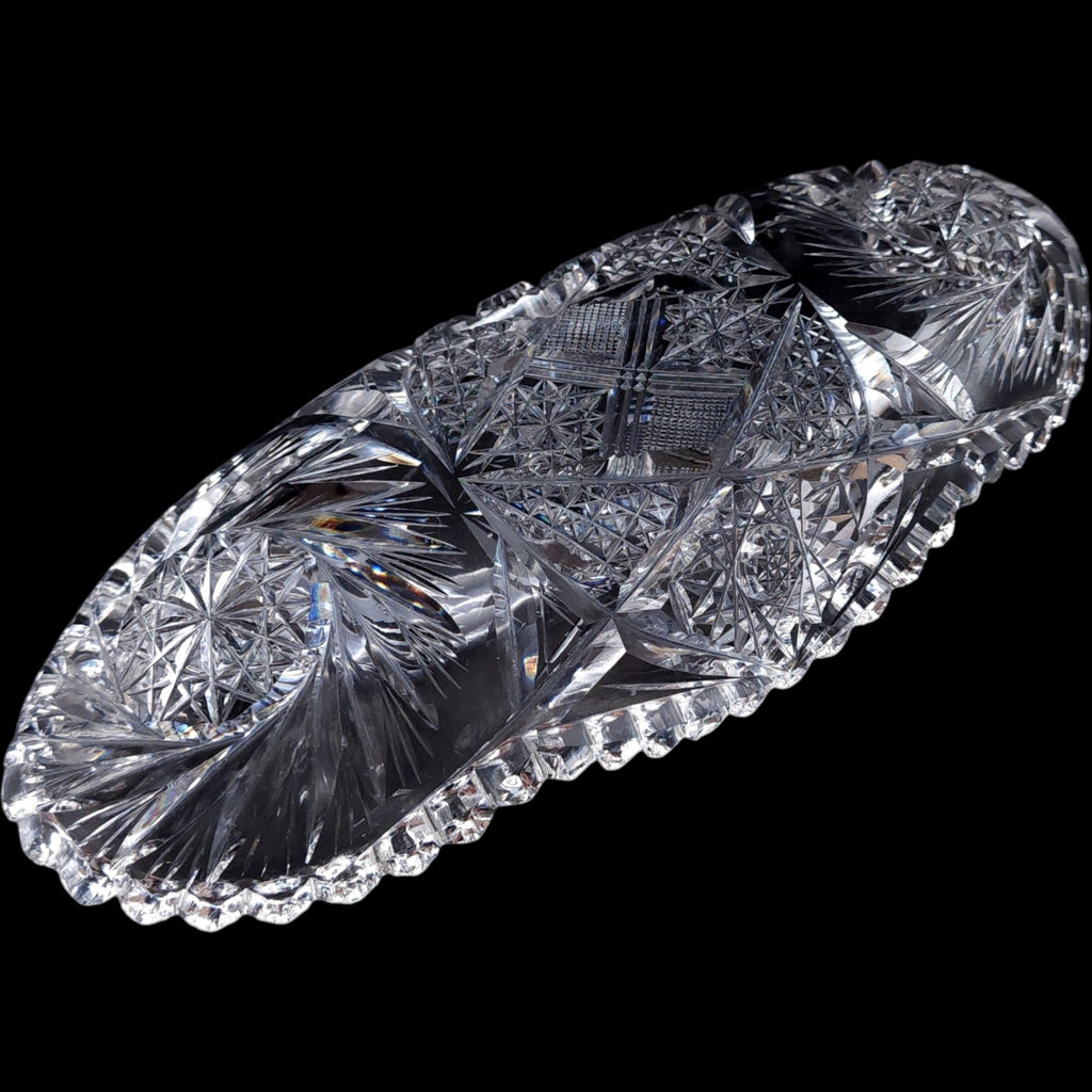 Antique American Brilliant Style Cut Crystal Oval Celery Dish Relish Tray Star Pattern