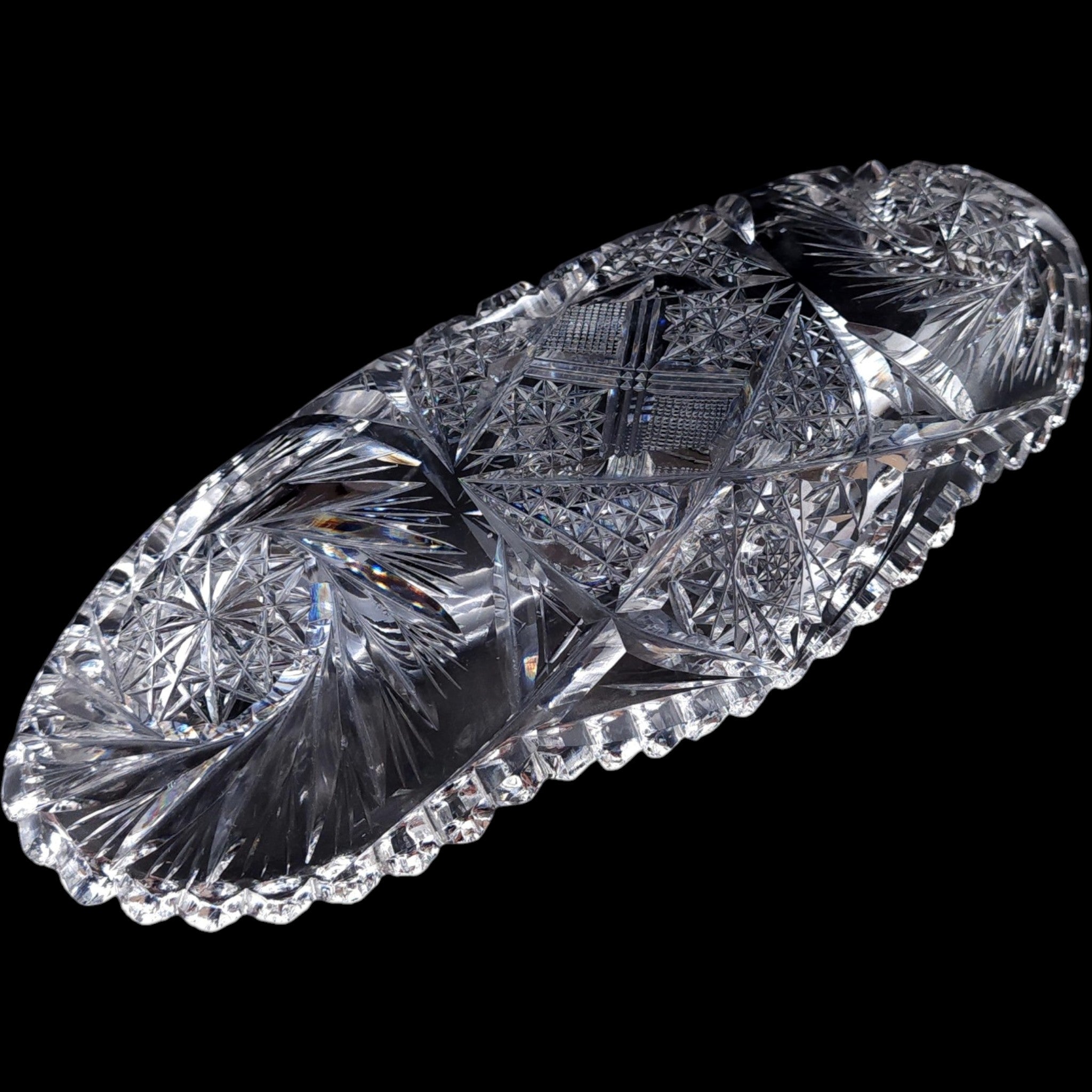 Antique American Brilliant Style Cut Crystal Oval Celery Dish Relish Tray Star Pattern