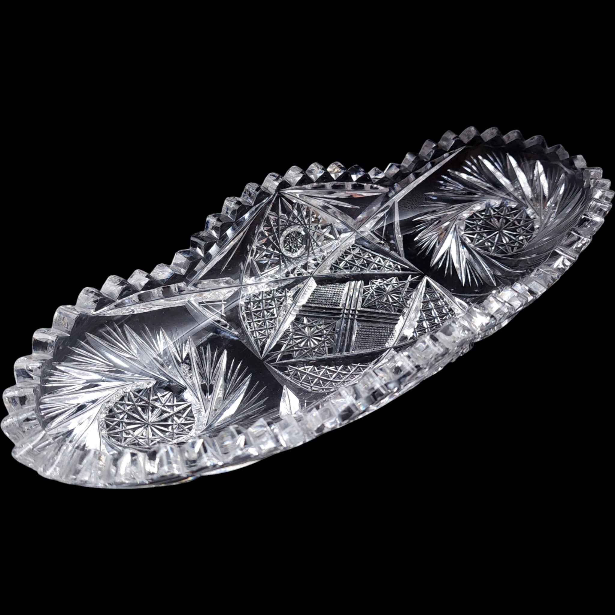 Antique American Brilliant Style Cut Crystal Oval Celery Dish Relish Tray Star Pattern