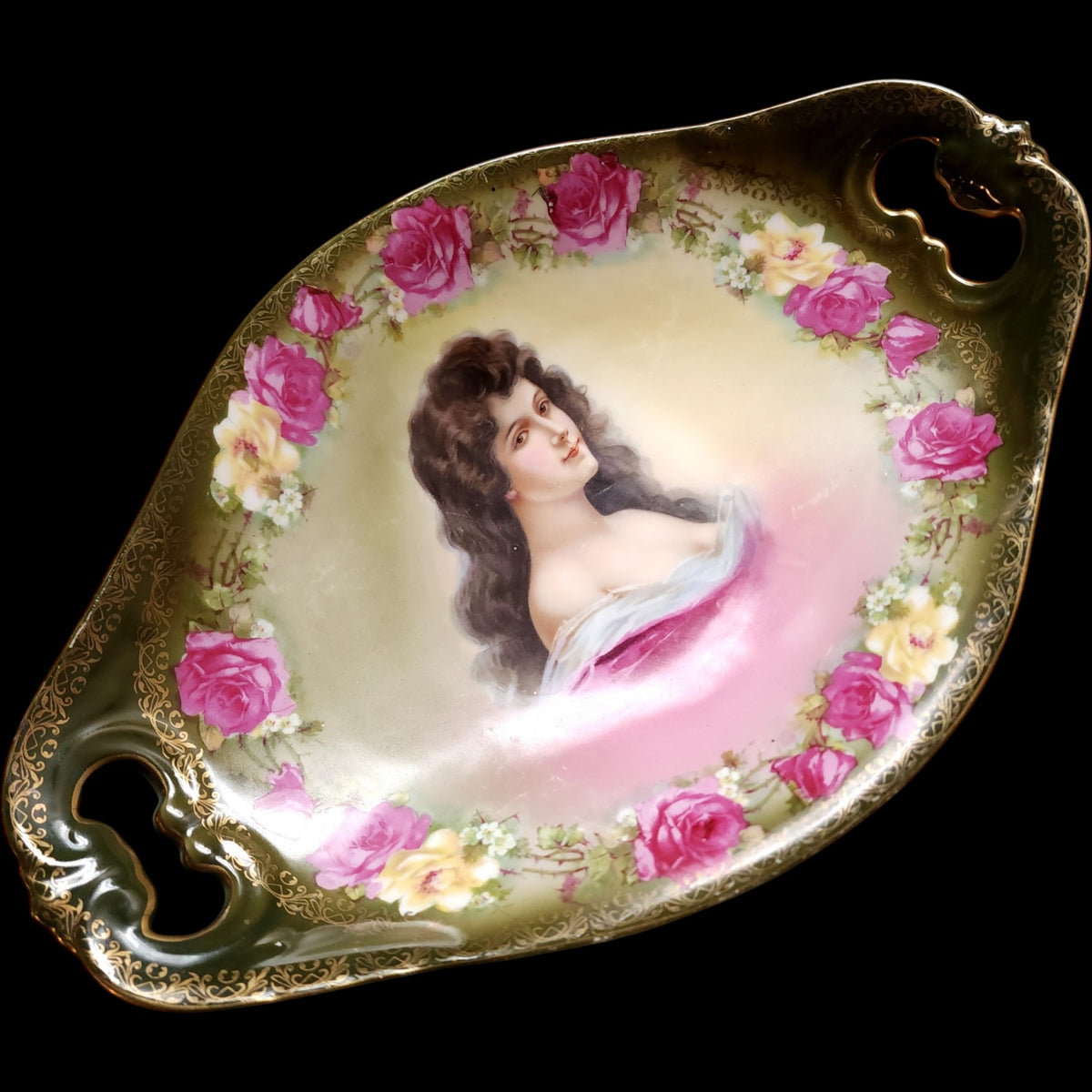 Antique CT Tielsch Germany Porcelain Portrait Tray, Floral Roses Hand-Decorated Dish