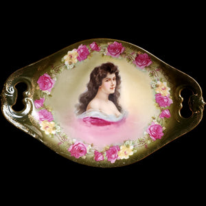 Antique CT Tielsch Germany Porcelain Portrait Tray, Floral Roses Hand-Decorated Dish