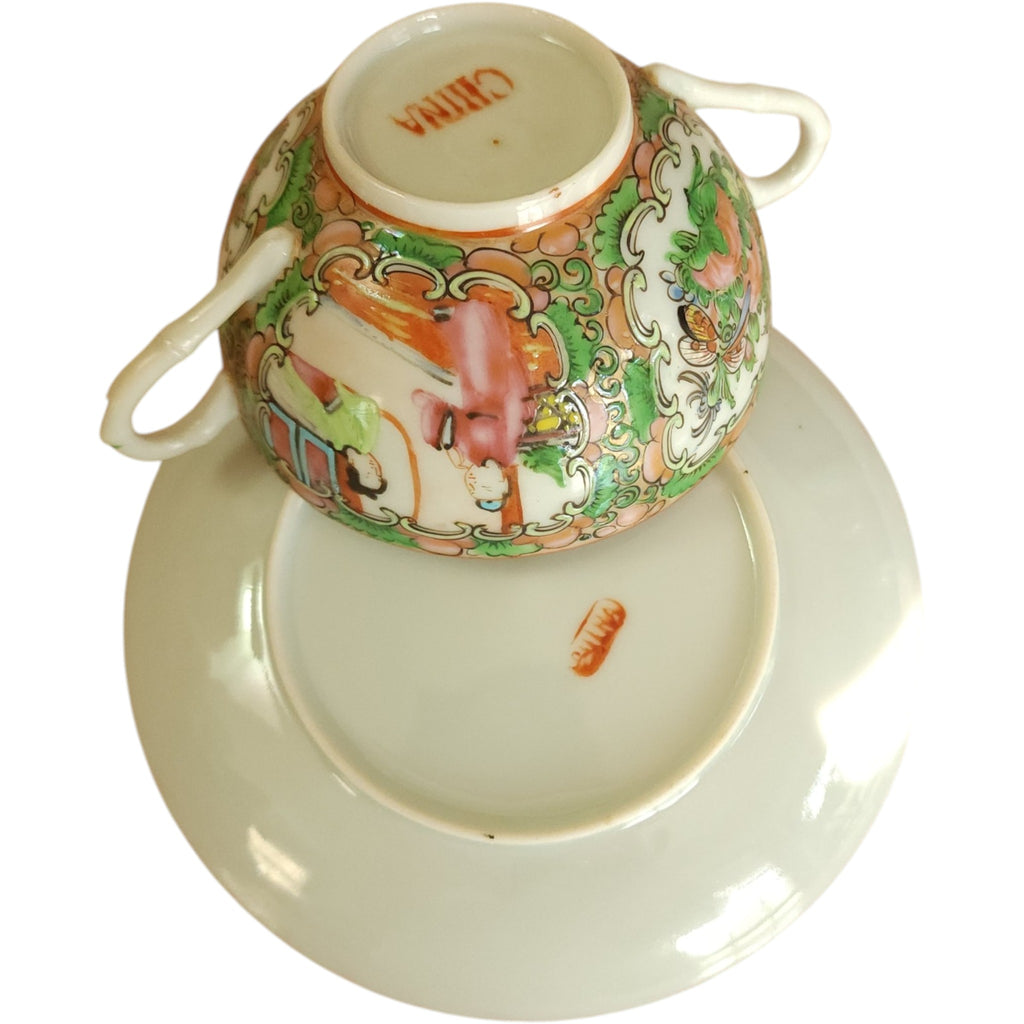 Antique Chinese Rose Medallion Bouillon Cup and Saucer Set