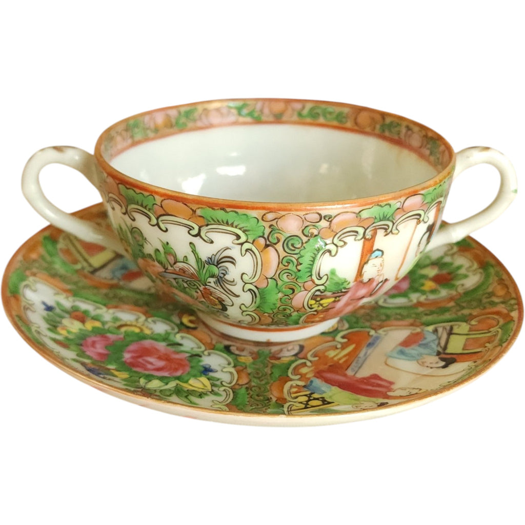 Antique Chinese Rose Medallion Bouillon Cup and Saucer Set