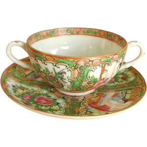 Antique Chinese Rose Medallion Bouillon Cup and Saucer Set