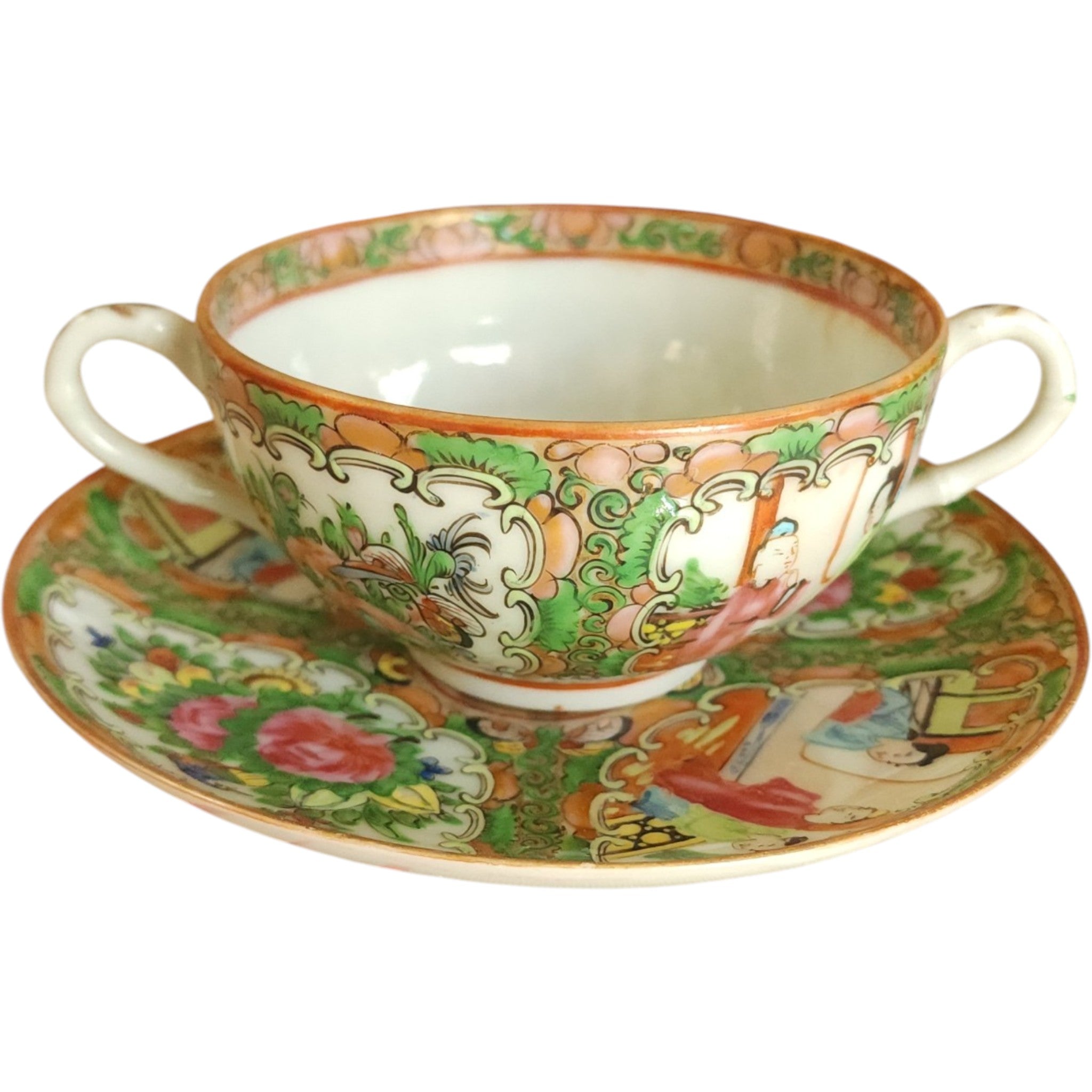 Antique Chinese Rose Medallion Bouillon Cup and Saucer Set