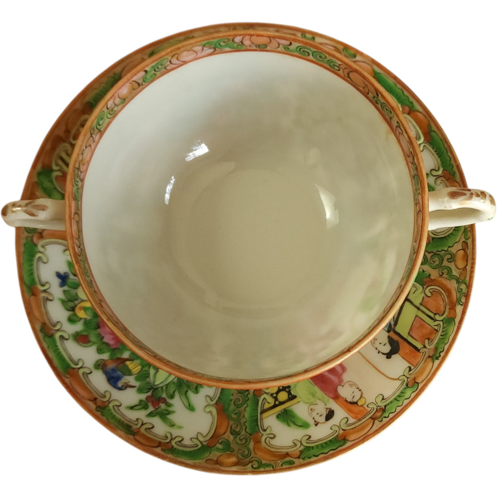 Antique Chinese Rose Medallion Bouillon Cup and Saucer Set