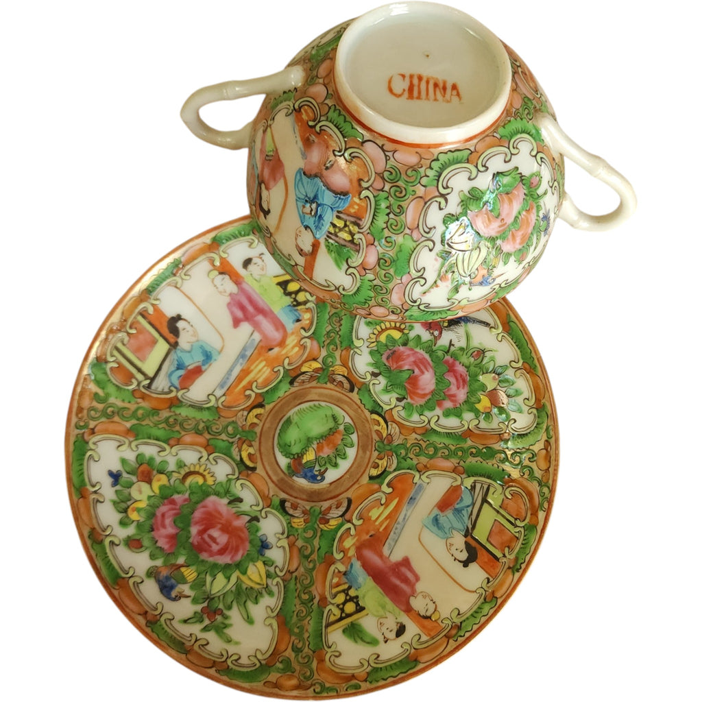 Antique Chinese Rose Medallion Bouillon Cup and Saucer Set