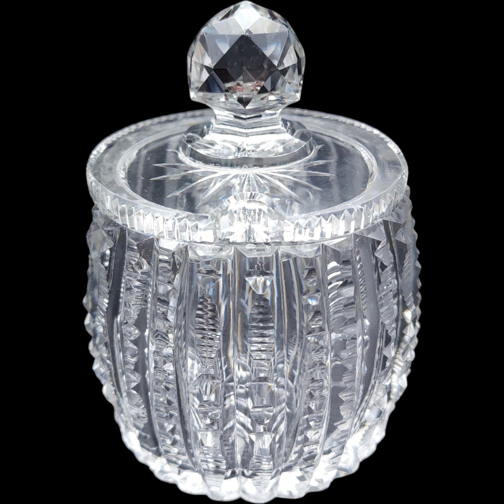 Antique Cut Glass Mustard Pot Lidded Spice Jar with Spoon Notch