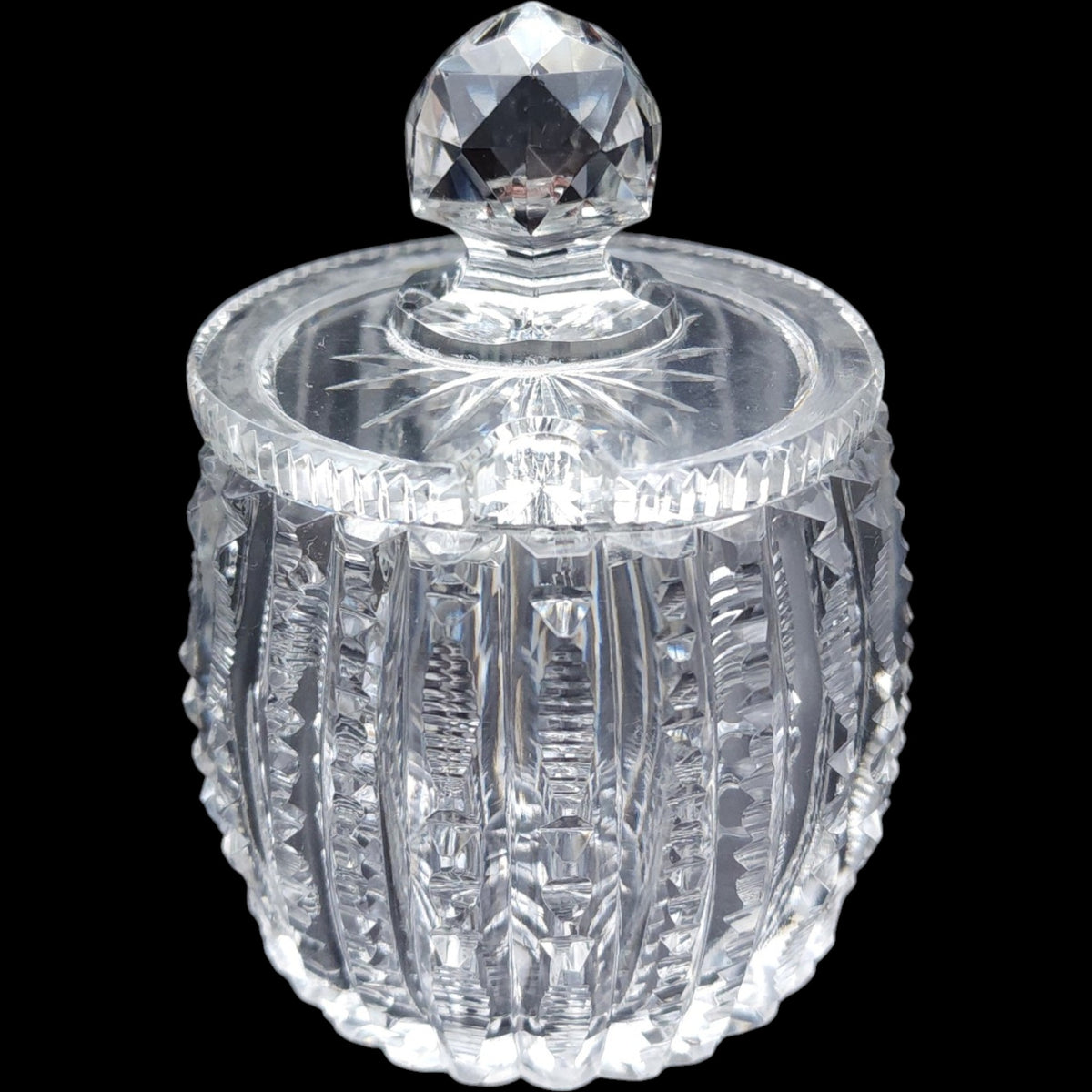 Antique Cut Glass Mustard Pot Lidded Spice Jar with Spoon Notch