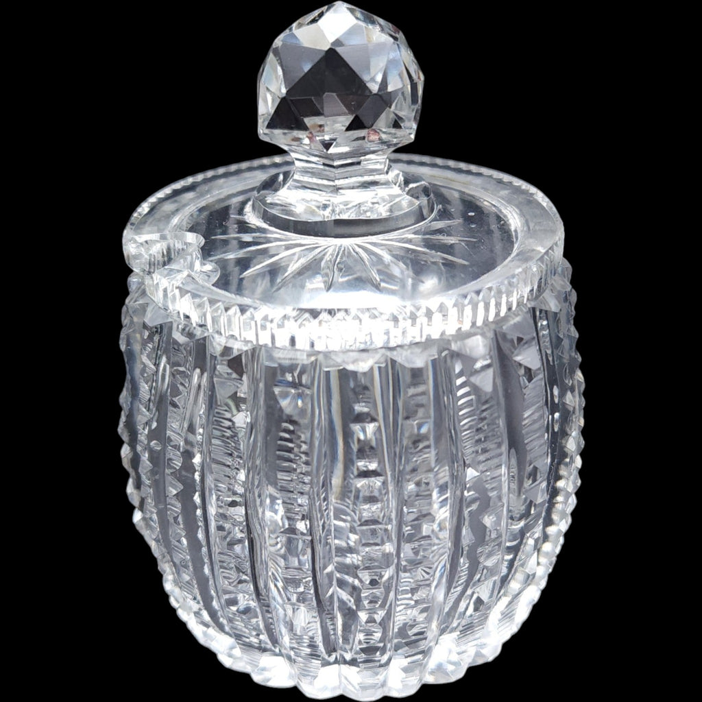 Antique Cut Glass Mustard Pot Lidded Spice Jar with Spoon Notch