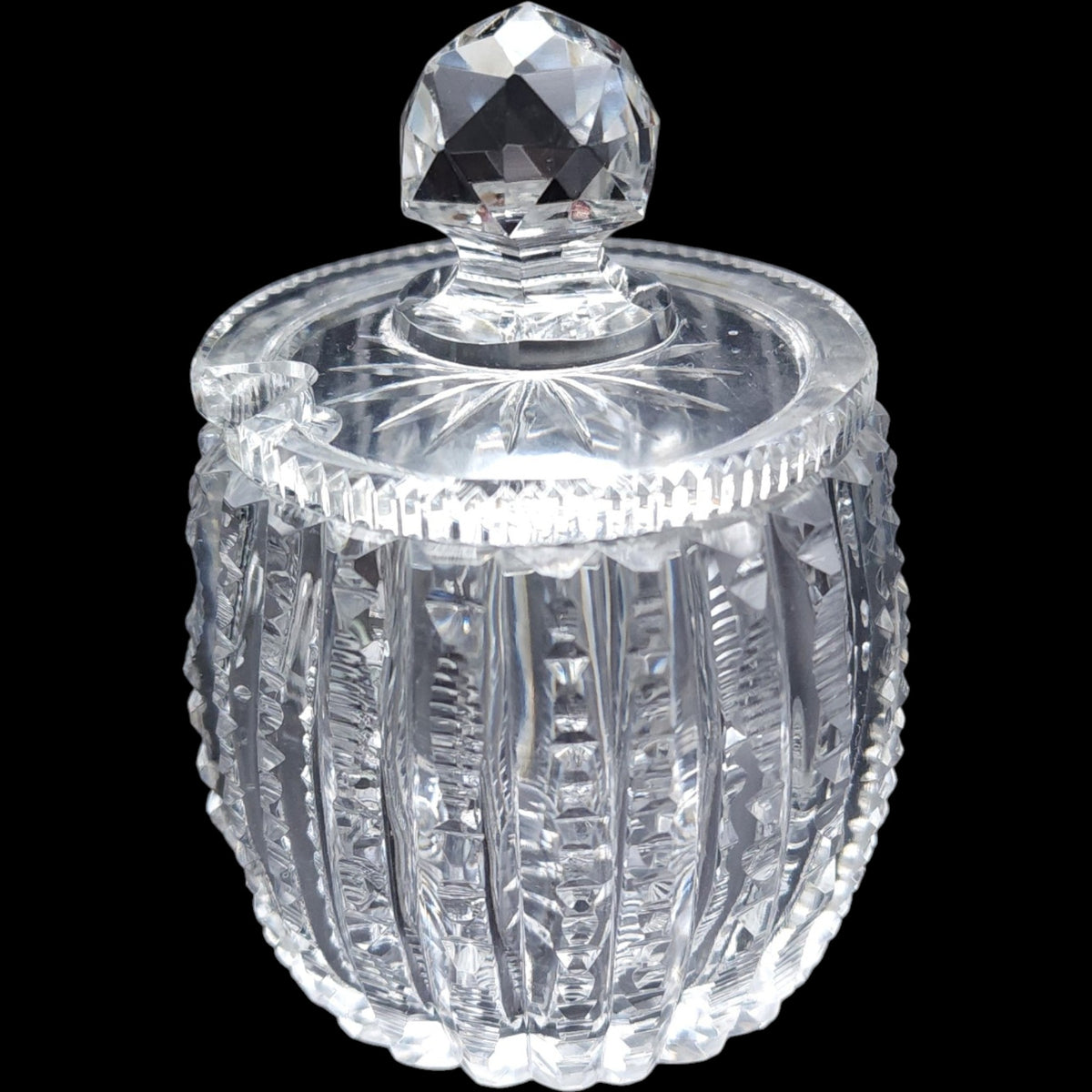 Antique Cut Glass Mustard Pot Lidded Spice Jar with Spoon Notch