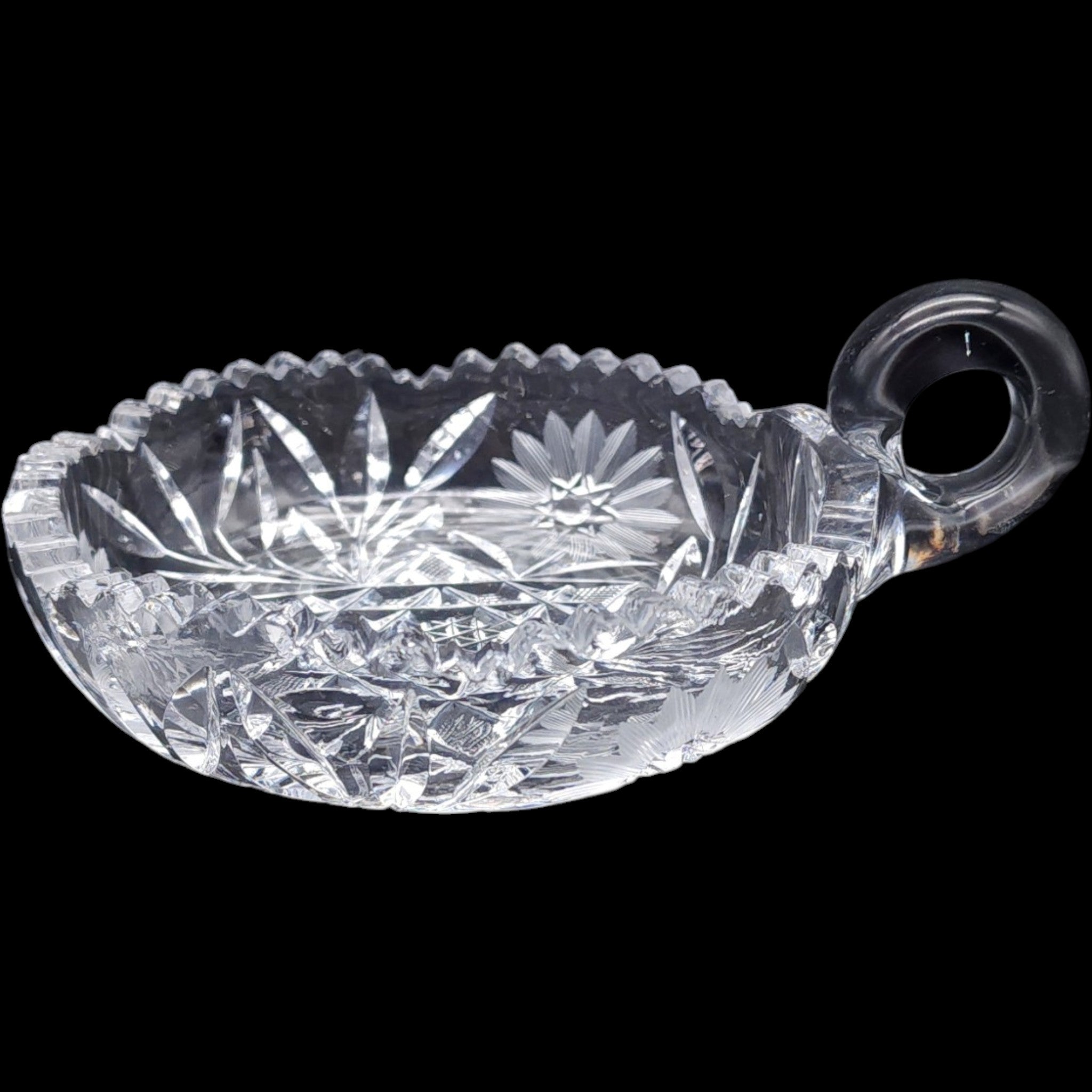 5" Antique Cut Glass Nappy Dish with Ring Handle American Brilliant Period