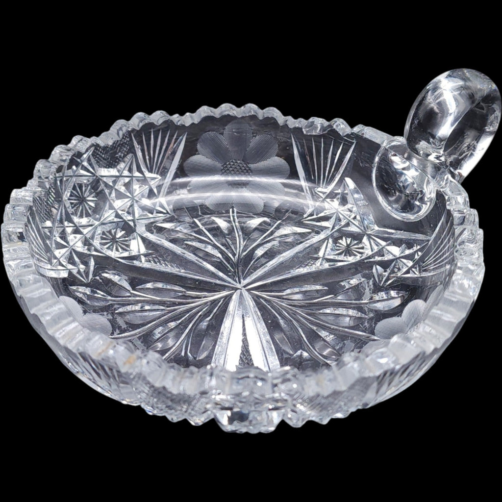 6" Antique Cut Glass Nappy Dish with Ring Handle American Brilliant Period