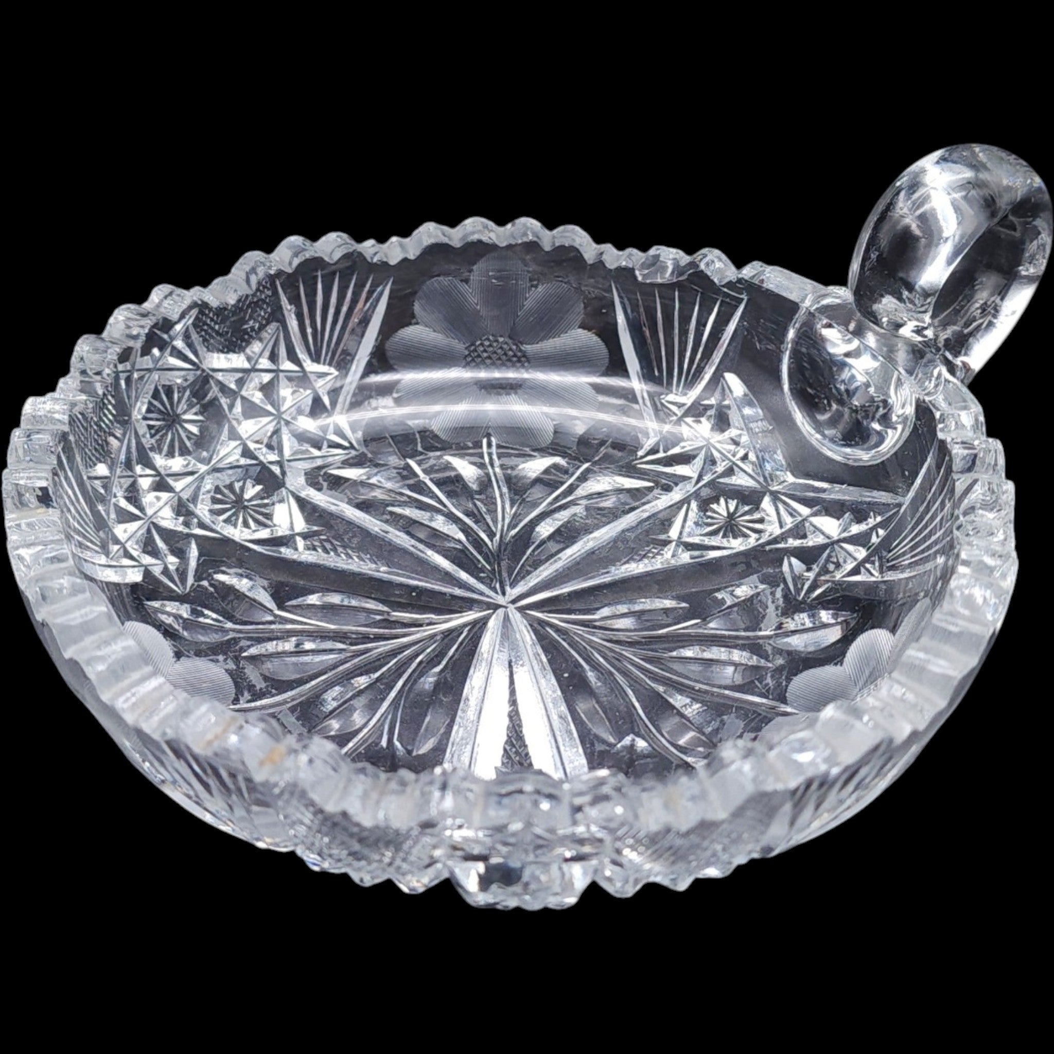 6" Antique Cut Glass Nappy Dish with Ring Handle American Brilliant Period