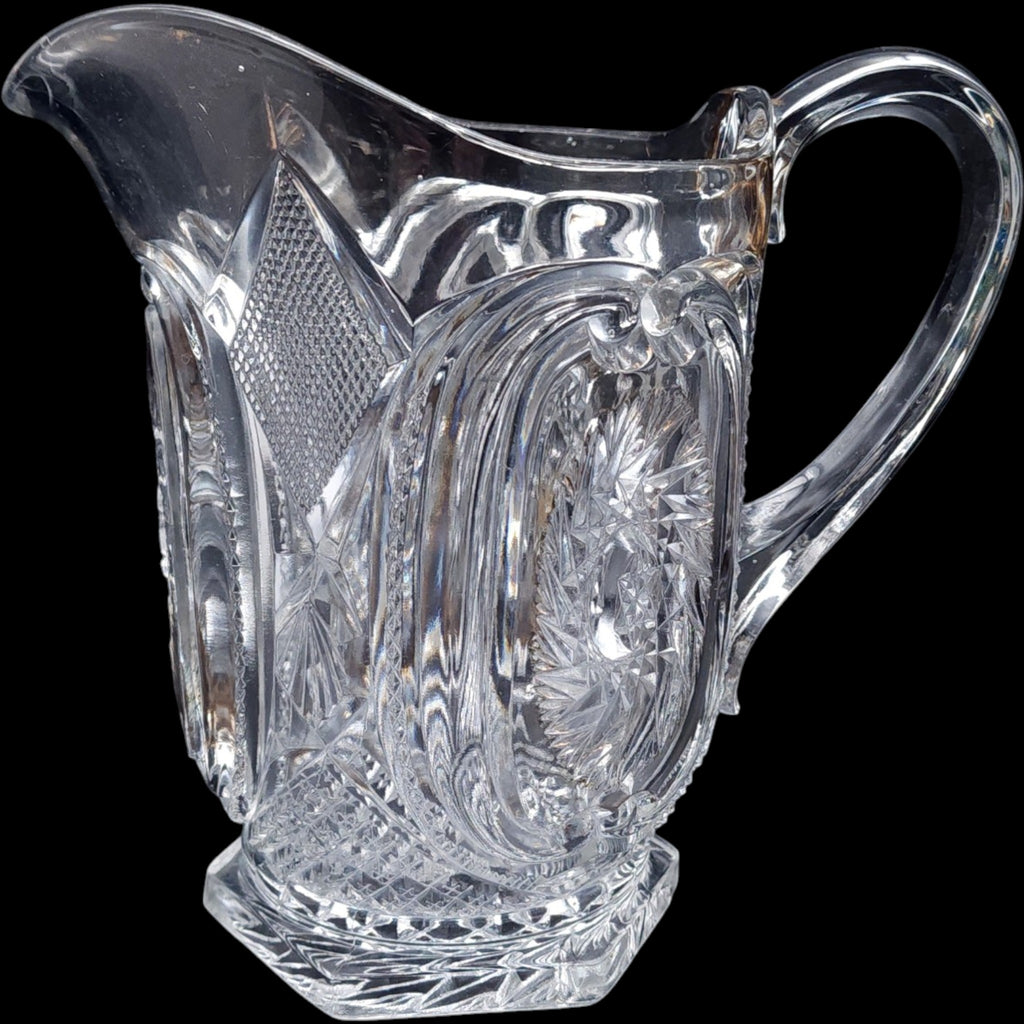 Antique US Glass EAPG Clear Cut Glass Pitcher with Medallion Pinwheel Pattern