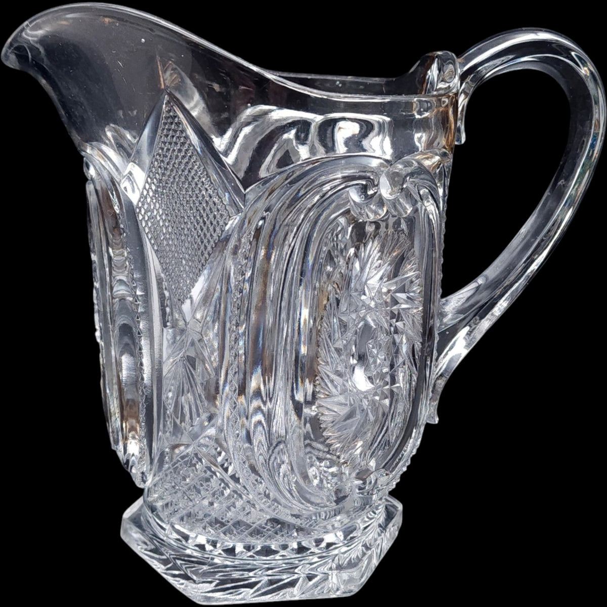 Antique US Glass EAPG Clear Cut Glass Pitcher with Medallion Pinwheel Pattern