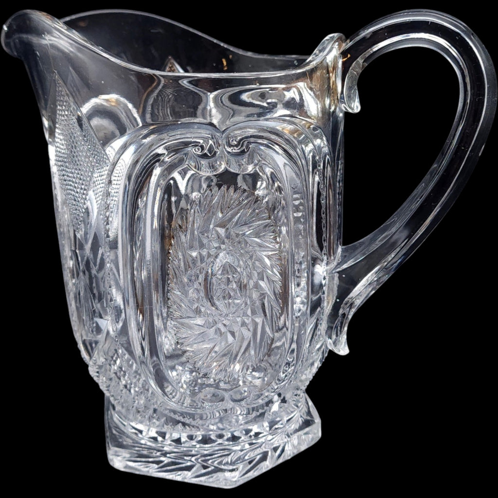 Antique US Glass EAPG Clear Cut Glass Pitcher with Medallion Pinwheel Pattern