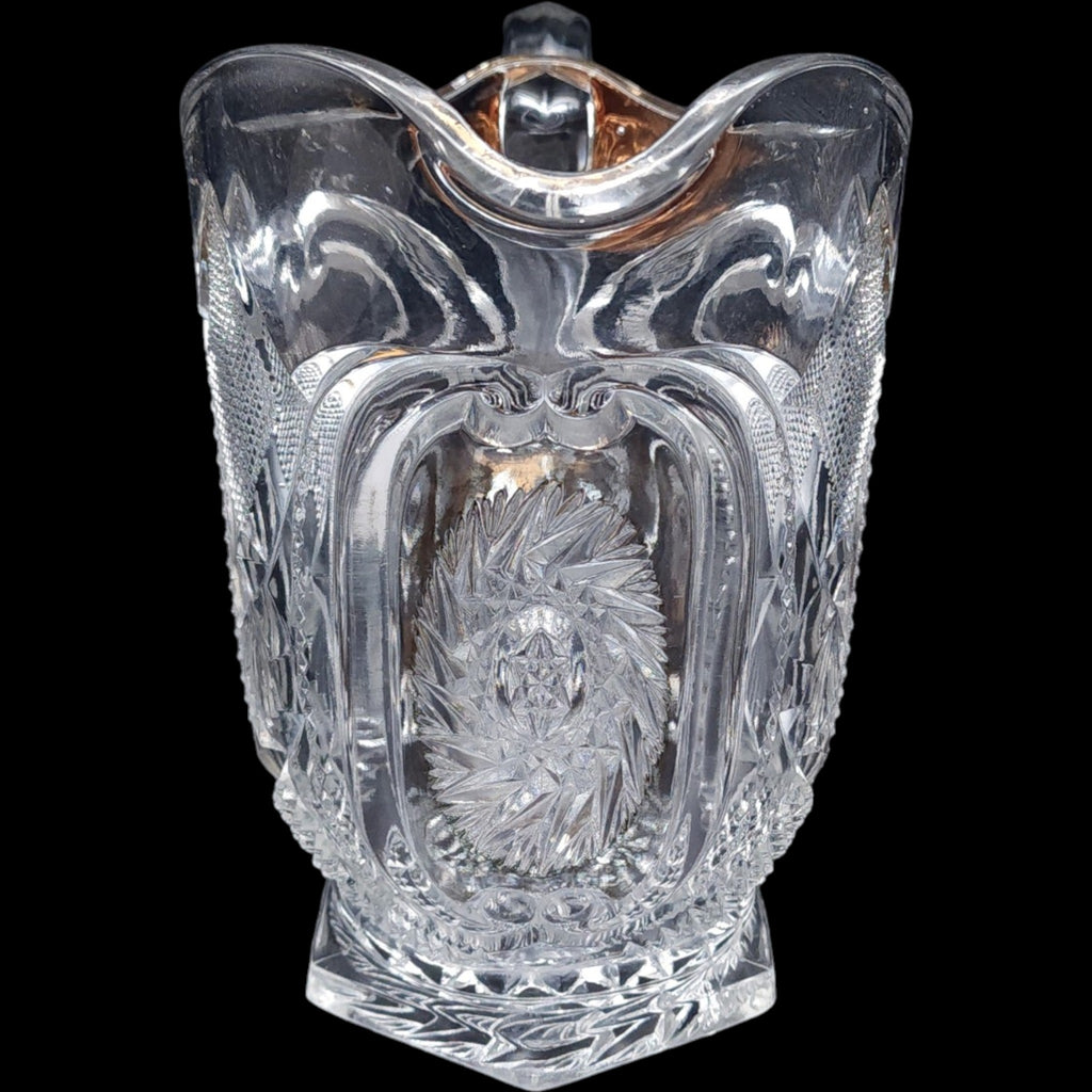 Antique US Glass EAPG Clear Cut Glass Pitcher with Medallion Pinwheel Pattern