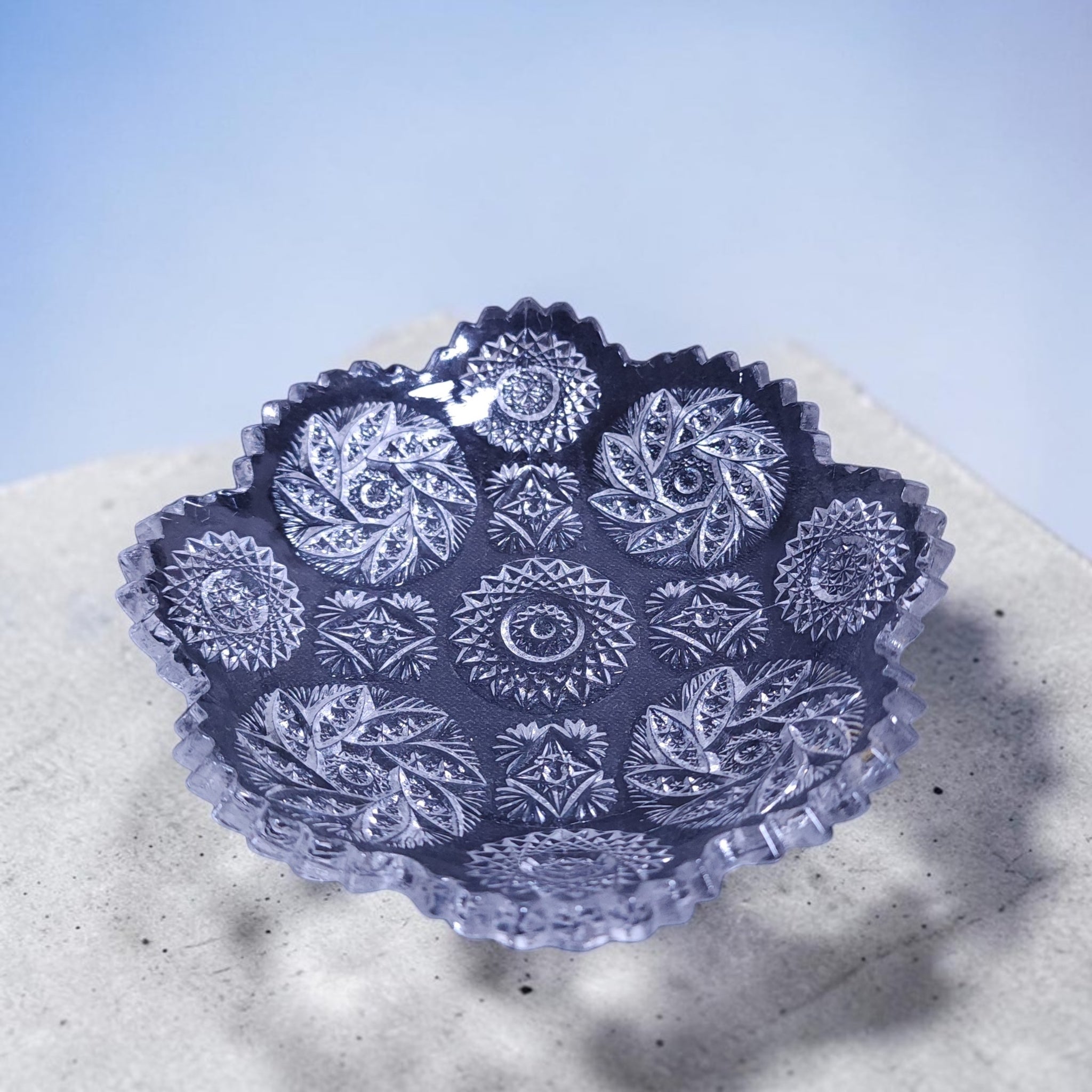 6" Antique Early American Pattern Glass (EAPG) Cut Log Pattern Nut Dish