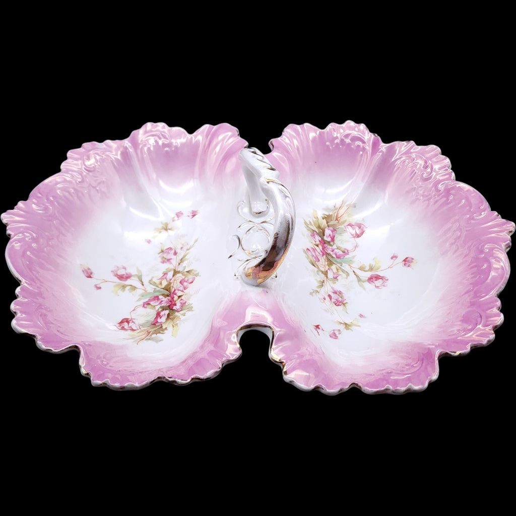 Antique Floral Porcelain Double Divided Serving Dish with Center Handle