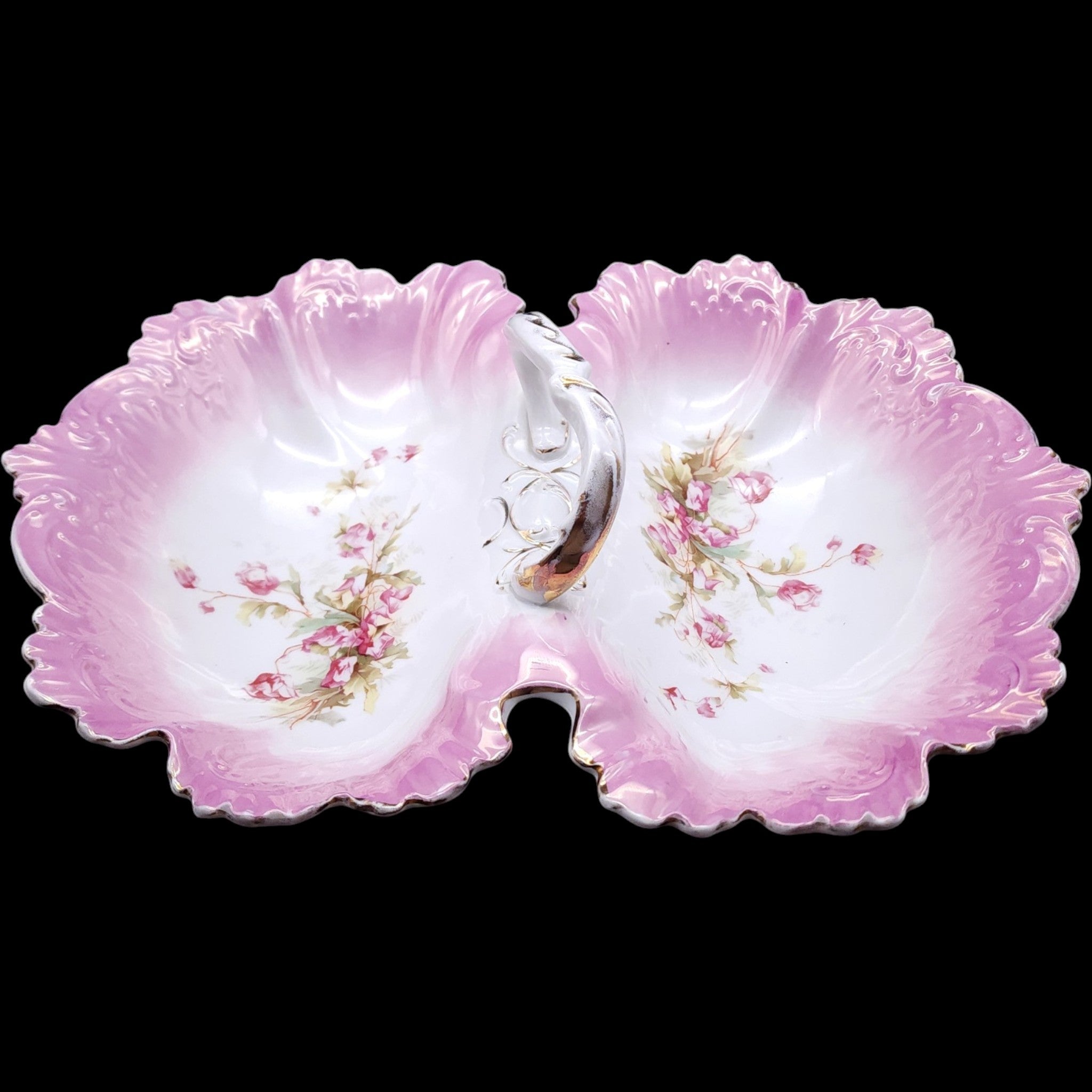 Antique Floral Porcelain Double Divided Serving Dish with Center Handle