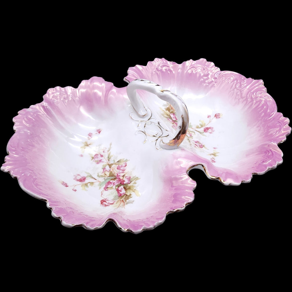 Antique Floral Porcelain Double Divided Serving Dish with Center Handle