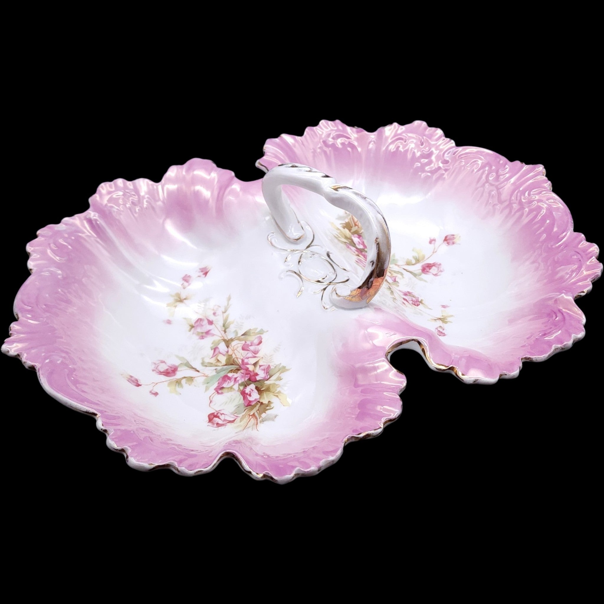 Antique Floral Porcelain Double Divided Serving Dish with Center Handle