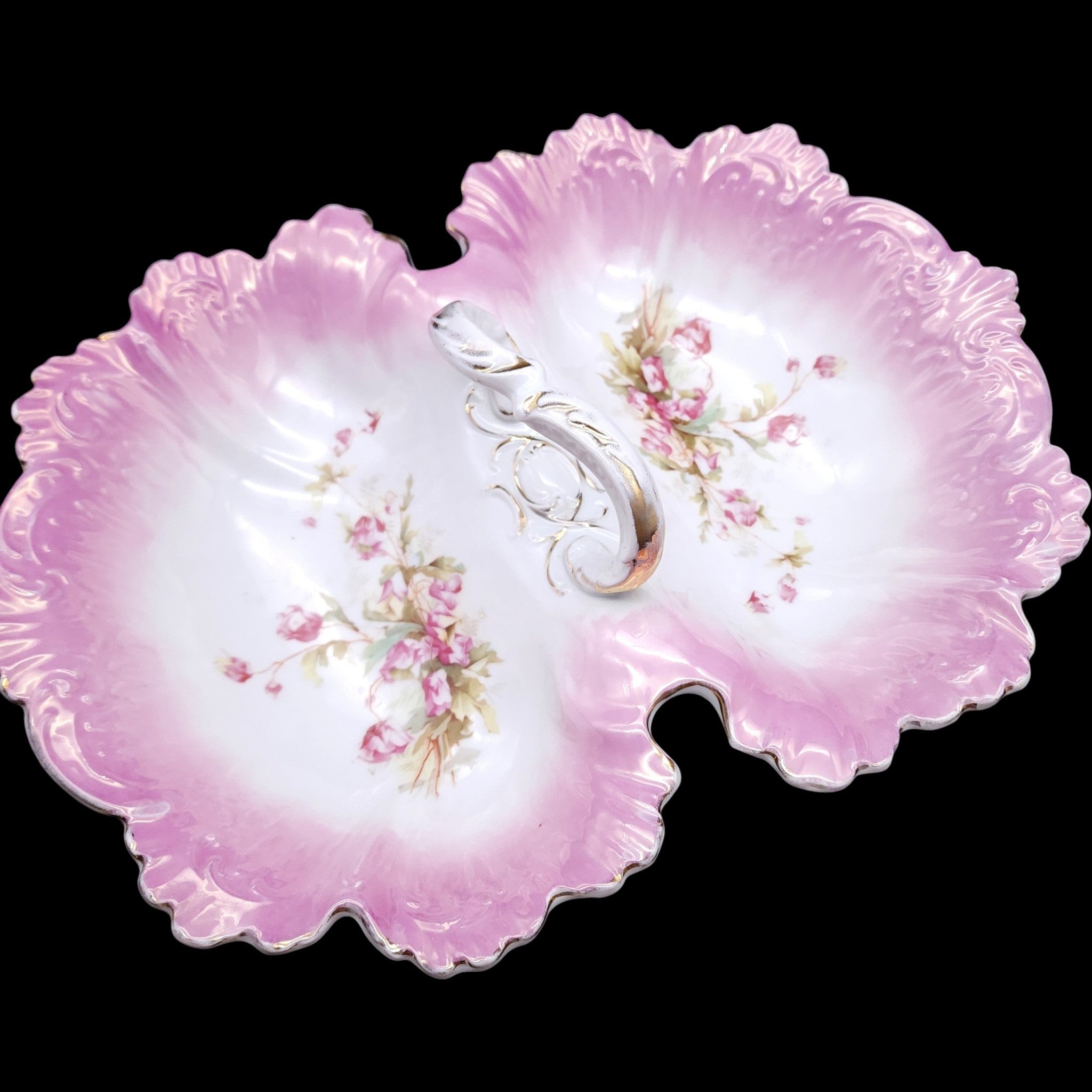 Antique Floral Porcelain Double Divided Serving Dish with Center Handle