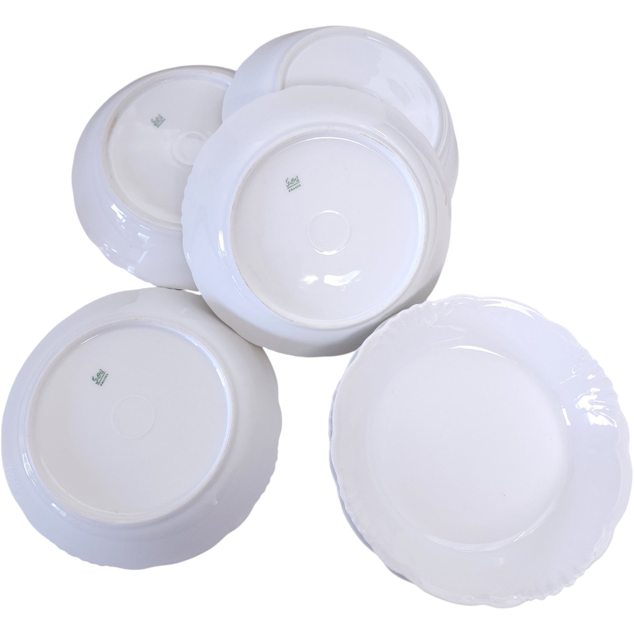 Antique GDA Limoges France White Scalloped Porcelain Shallow Bowls Set of 6