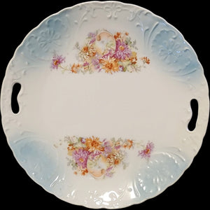 Antique Handled Porcelain Cake Plate Floral Chrysanthemum Tray