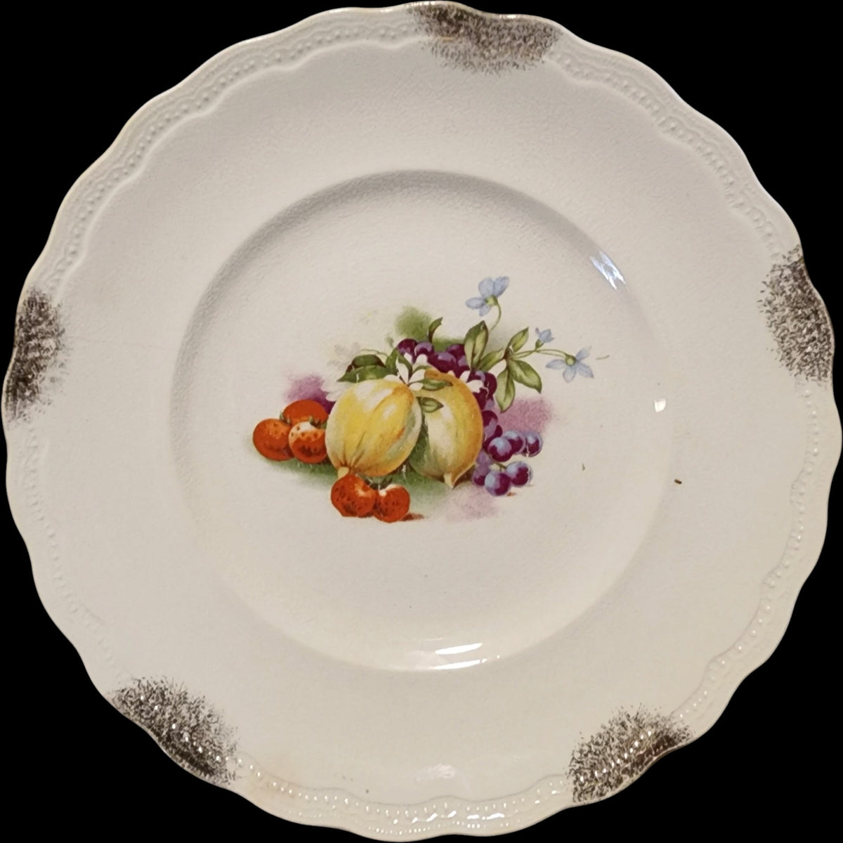 Antique Imperial China Fruit Still Life Plate Silver Sponged Scalloped Rim
