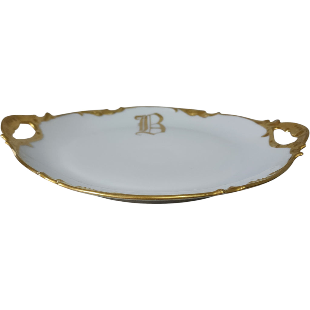 Antique JPL Limoges France Gold Monogram Handled Cake Plate 11"