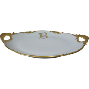 Antique JPL Limoges France Gold Monogram Handled Cake Plate 11"