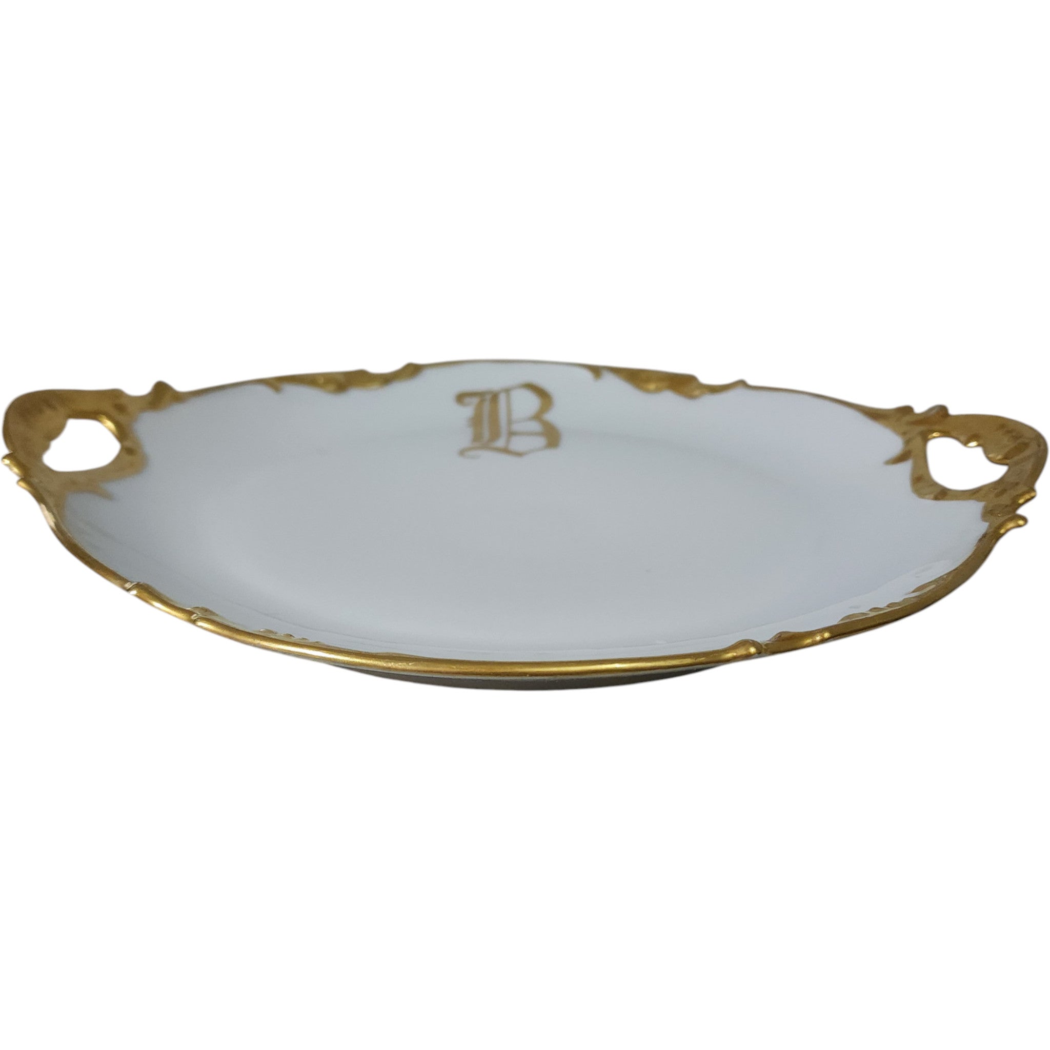 Antique JPL Limoges France Gold Monogram Handled Cake Plate 11"