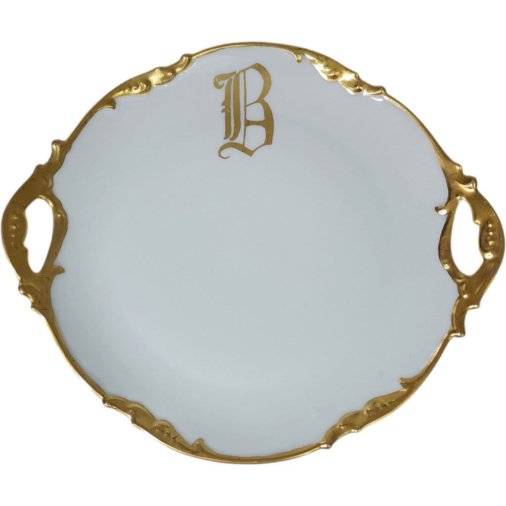 Antique JPL Limoges France Gold Monogram Handled Cake Plate 11"