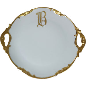 Antique JPL Limoges France Gold Monogram Handled Cake Plate 11"