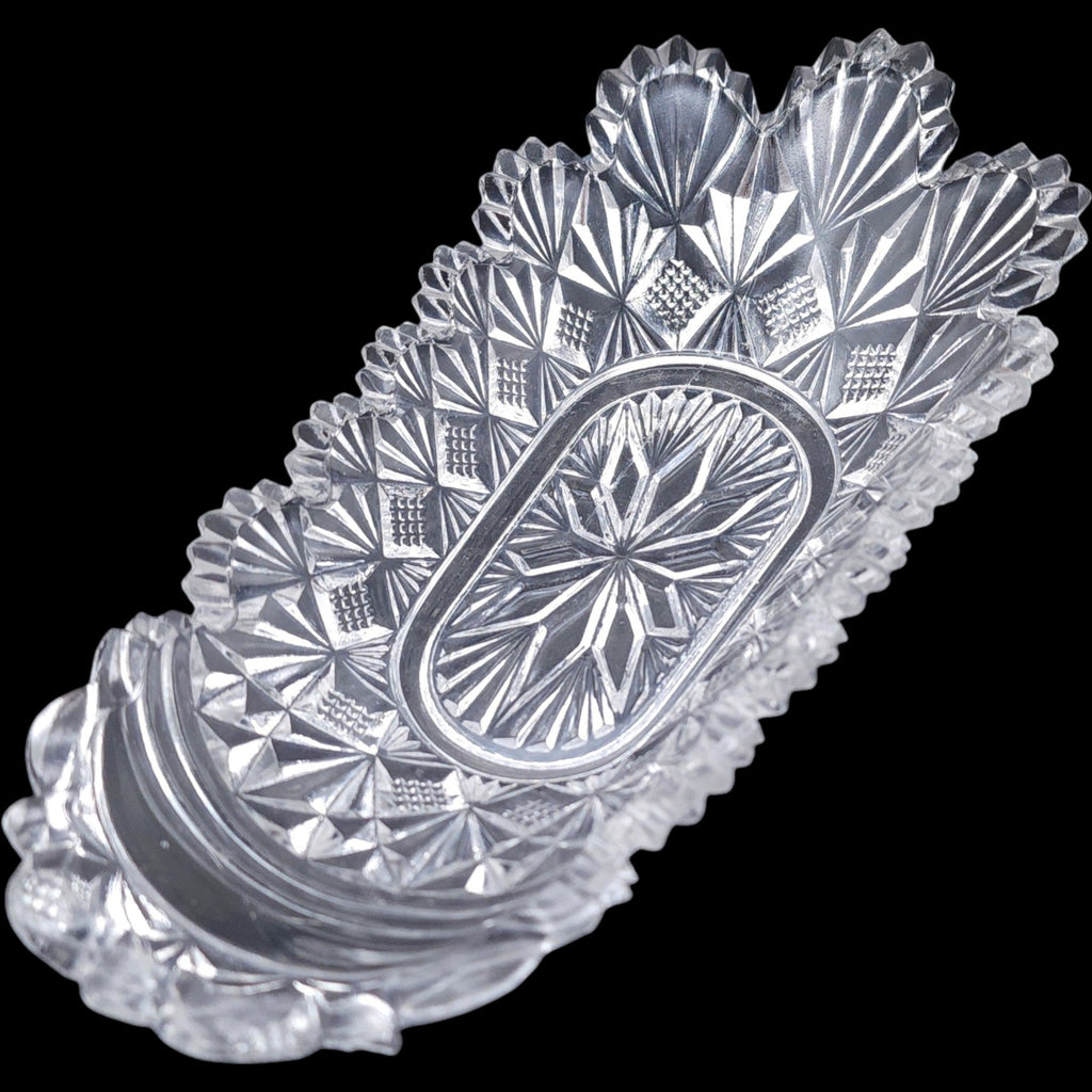 Antique McKee Glass Teutonic Pattern Oval Relish Dish with Minor Chip