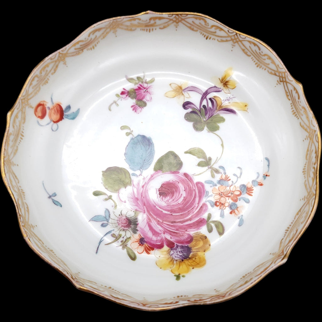 Antique Meissen Hand Painted Floral Porcelain Scalloped Bowl Gold Gilt Dish