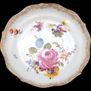 Antique Meissen Hand Painted Floral Porcelain Scalloped Bowl Gold Gilt Dish