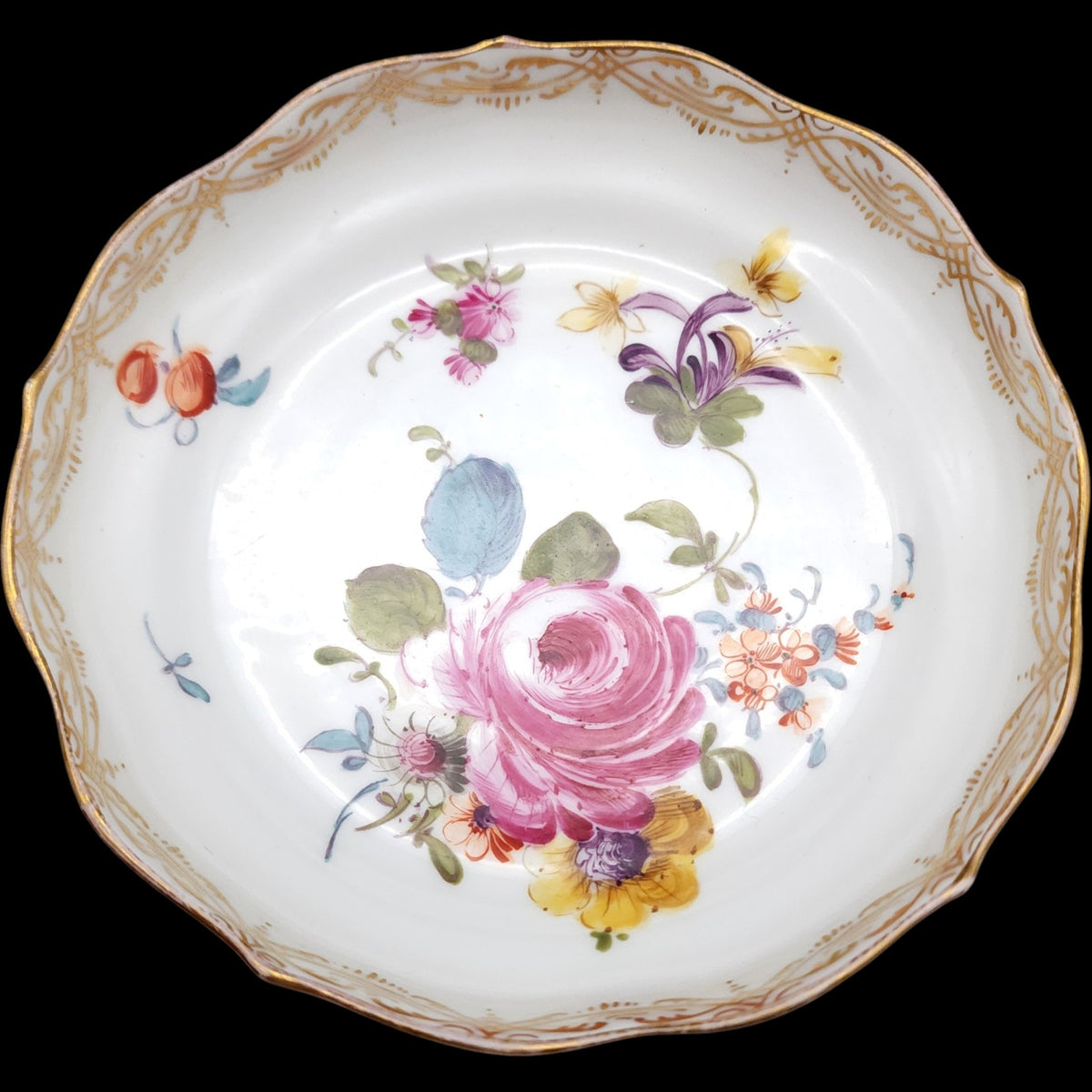 Antique Meissen Hand Painted Floral Porcelain Scalloped Bowl Gold Gilt Dish