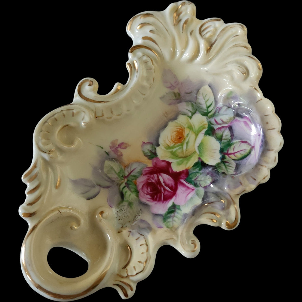 Antique Porcelain Floral Relish Dish Gilt Scroll Handle Crossed Arrows Mark