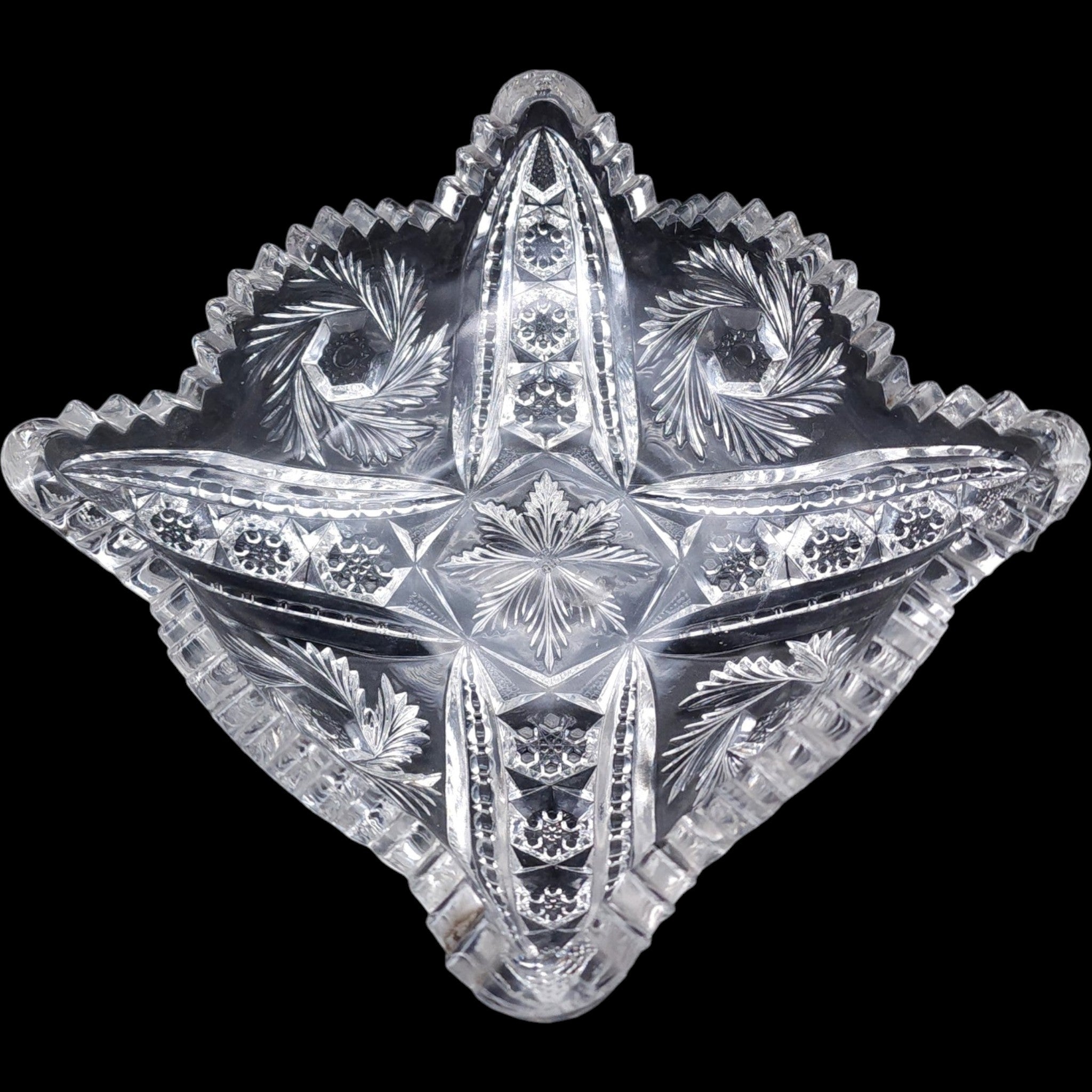 Antique Pressed Glass Starburst and Pinwheel Cut Clear Glass Square Bowl