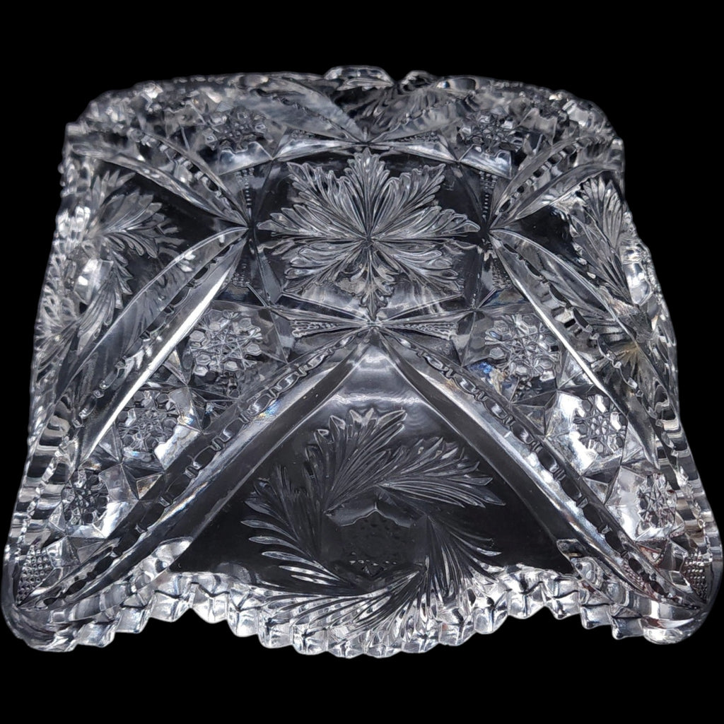 Antique Pressed Glass Starburst and Pinwheel Cut Clear Glass Square Bowl