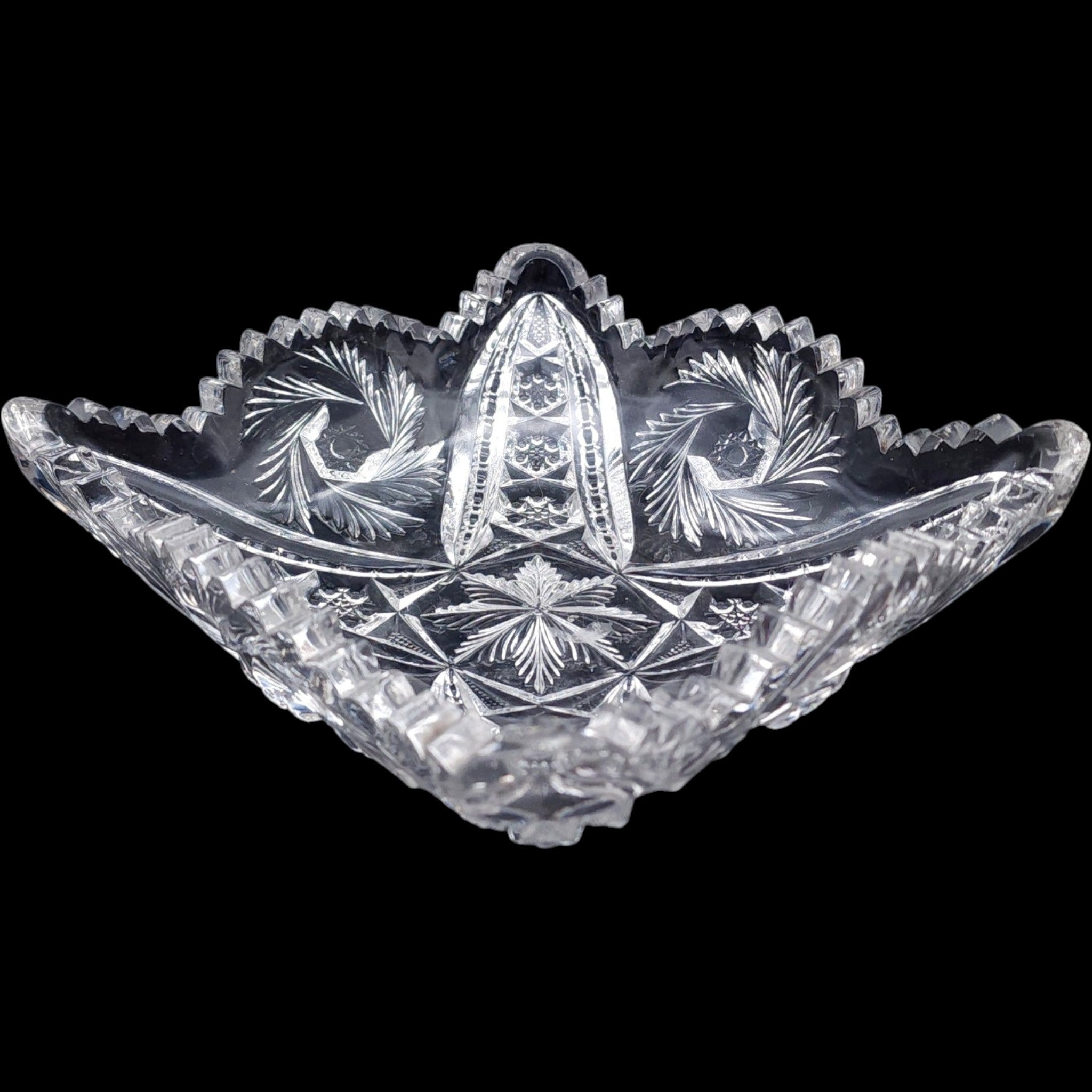 Antique Pressed Glass Starburst and Pinwheel Cut Clear Glass Square Bowl