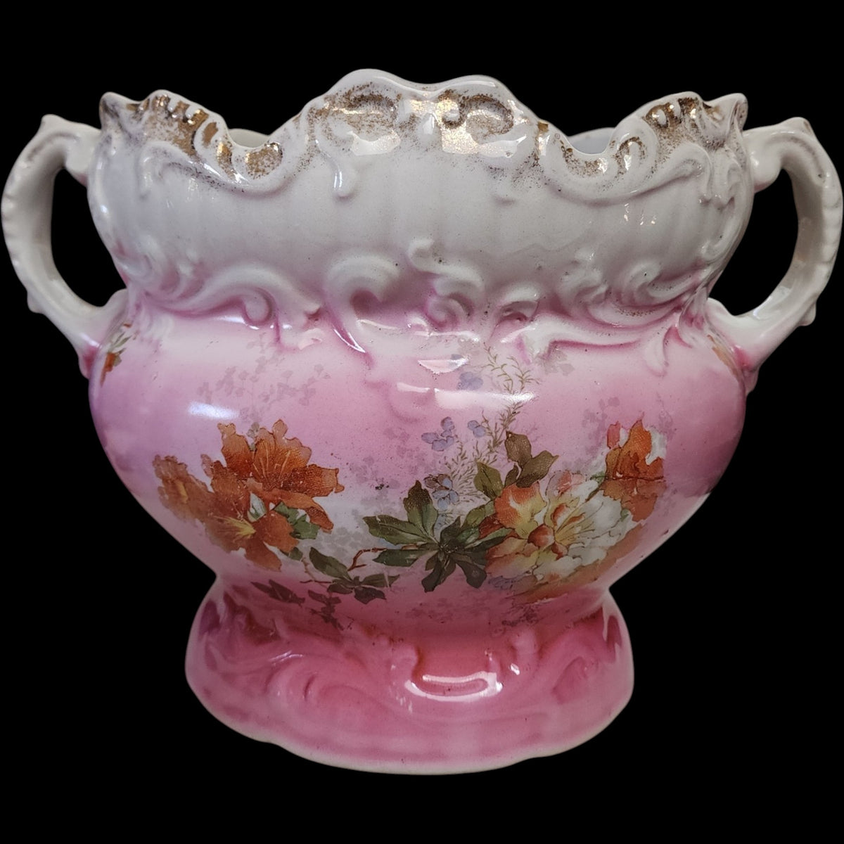 Antique Royal Burgess China Pink Floral Double-Handled Jardiniere Planter