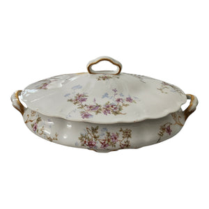 Antique Syracuse China Purple Floral Sprigs & Embossed Oval Covered Vegetable Tureen