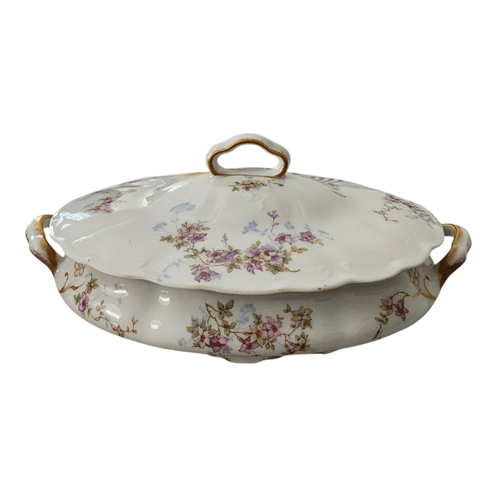 Antique Syracuse China Purple Floral Sprigs & Embossed Oval Covered Vegetable Tureen