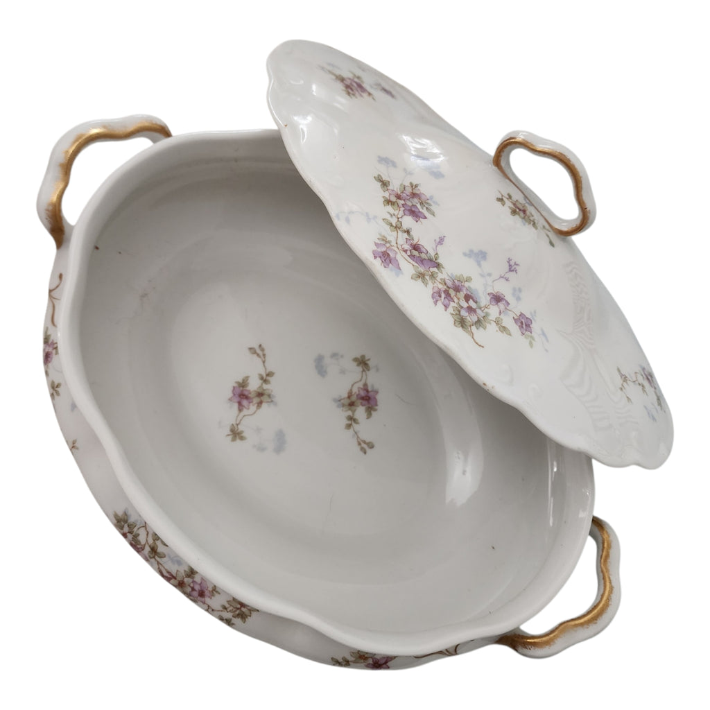 Antique Syracuse China Purple Floral Sprigs & Embossed Oval Covered Vegetable Tureen