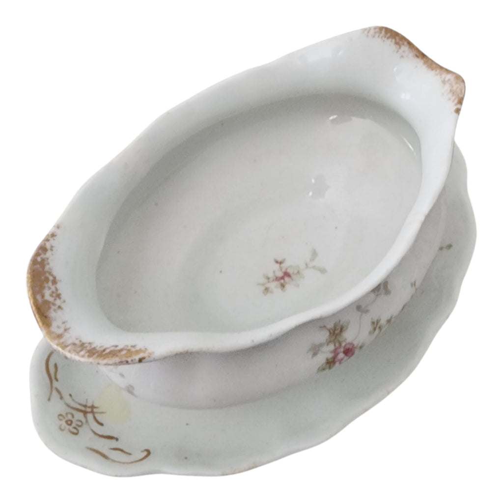 Antique Syracuse China Purple Floral Sprigs & Embossed  Gravy Boat with Attached Underplate