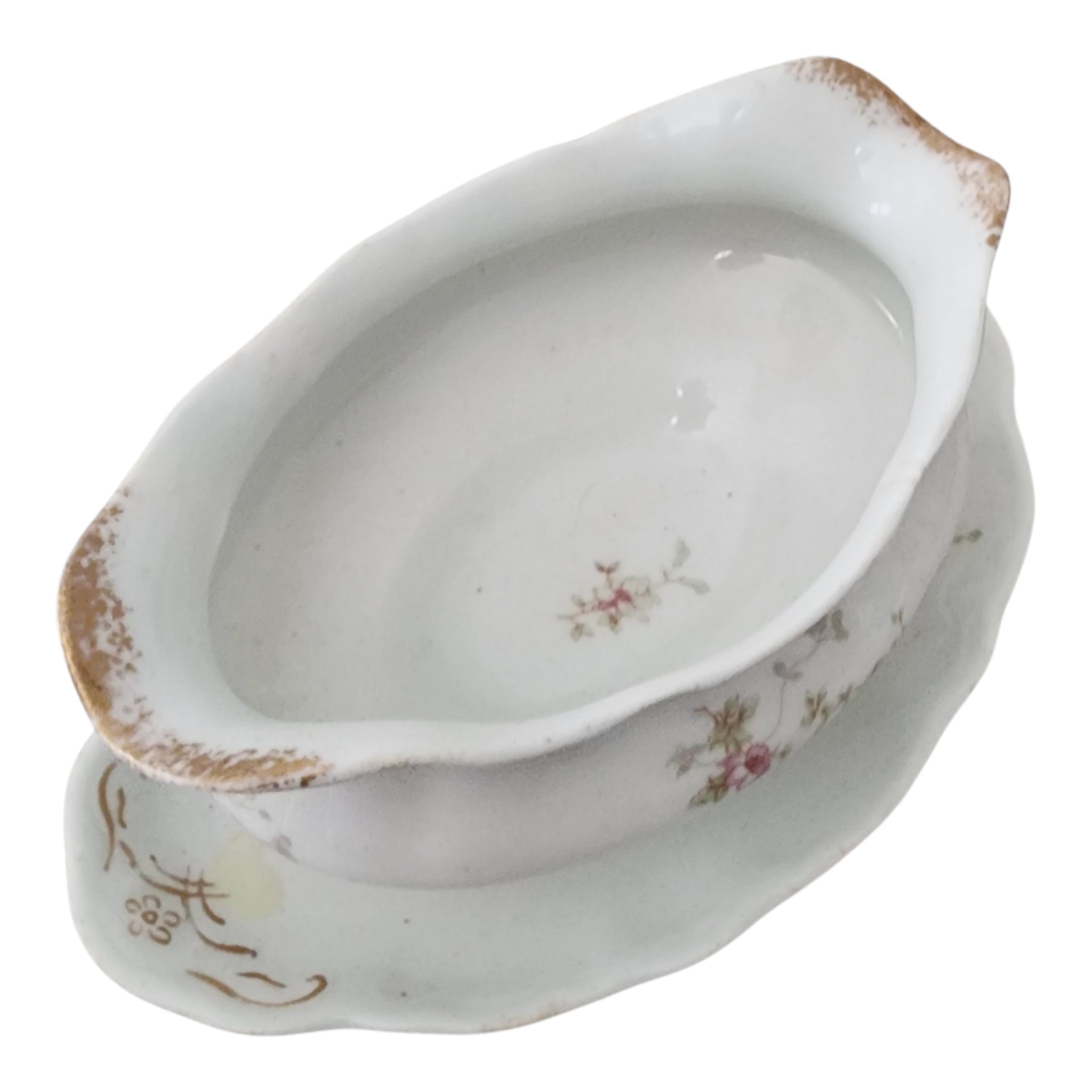 Antique Syracuse China Purple Floral Sprigs & Embossed  Gravy Boat with Attached Underplate